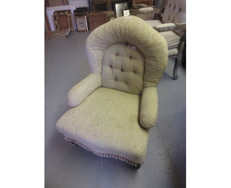 Small Victorian button upholstered nursing chair and a late Victorian walnut nursing chair with carved and pierced splat back