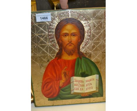 20th Century Russian painted icon on panel, portrait of Christ, 12ins x 9ins 