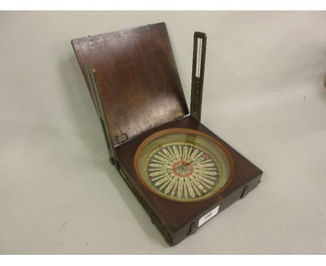 George III mahogany and brass mounted compass with integral sighting mechanism, the painted dial with blued steel pointer wit