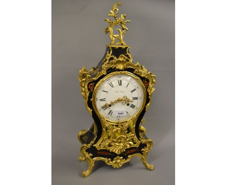 Reproduction French floral painted black lacquer and gilt brass mounted bracket clock complete with bracket, the dial signed 