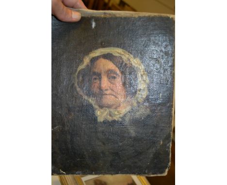 19th Century oil on canvas, head and shoulder portrait of a lady, re-lined and unframed, together with three dentistry relate