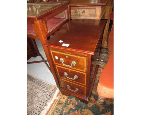 Pair of mahogany crossbanded bedside tables having three drawers with brass swan neck handles, on bracket feet, 24ins high x 