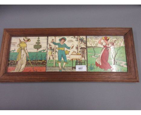 Walter Crane for Maw and Co., group of three tiles, ' Mistress Mary ', ' Tom Tucker ' and ' Little Bo Peep ' in a single oak 