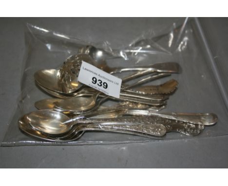 Silver caddy spoon and various small silver coffee spoons, preserve spoons, butter knive, sugar sifter etc 