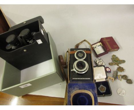 Argus twin lens camera, pair of 10 x 50 binoculars, two cigarette lighters, an Academy of Music cased medallion and a small q