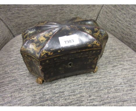 19th Century Chinese black lacquered chinoiserie decorated two division tea caddy 