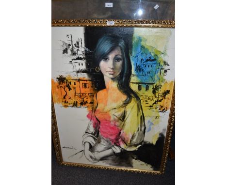 Leighton Jones, oil on canvas, portrait of a lady before a building, signed and dated 1971, 30ins x 40ins 