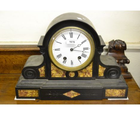 Large 19th Century French black slate and rouge marble inset mantel clock, the circular white enamel dial with Roman numerals
