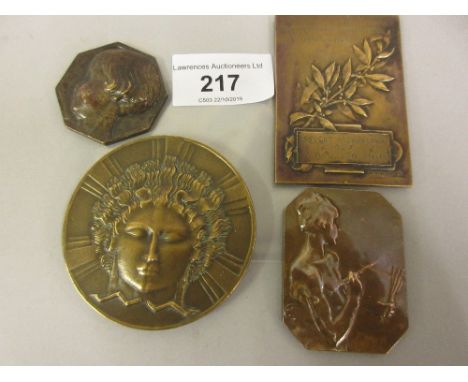 Group of four various 19th Century bronze medallions, various images, three bearing signatures 