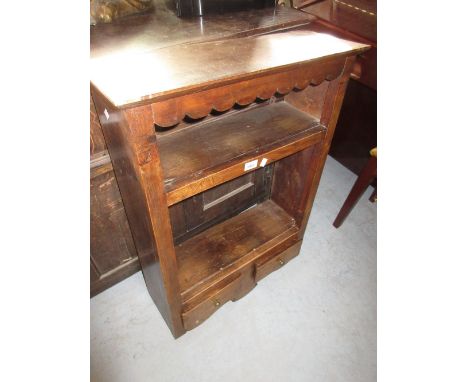 Stained pine wall bracket with open shelves above two drawers 