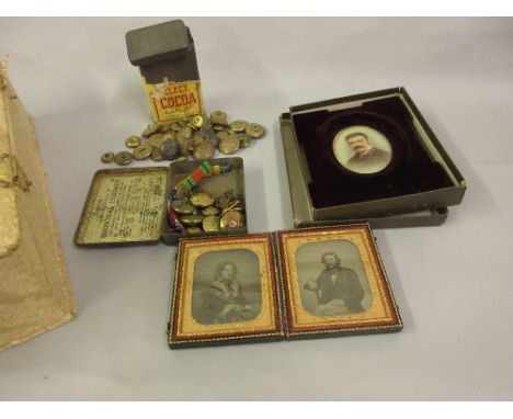 Leather Union case containing two portrait Ambrotypes, another portrait photograph - framed and boxed, together with two smal