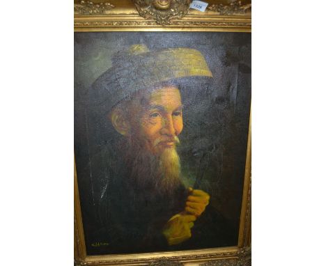 20th Century oil on canvas, head and shoulder study of an oriental gentleman with beard holding a walking stick, in a gilt sw