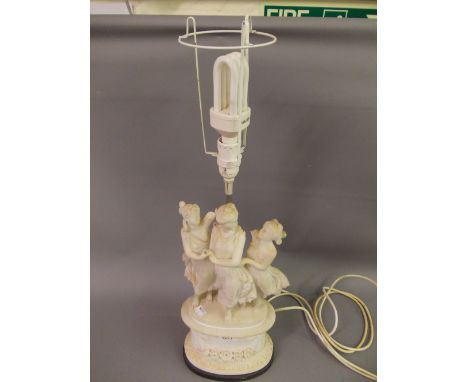 Carved alabaster group of the Three Graces adapted for use as a table lamp (at fault) together with a metal three branch tabl