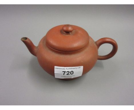 19th Century Chinese terracotta teapot and cover with incised eight character mark to the baseSmall chip to spout, 3ins high,