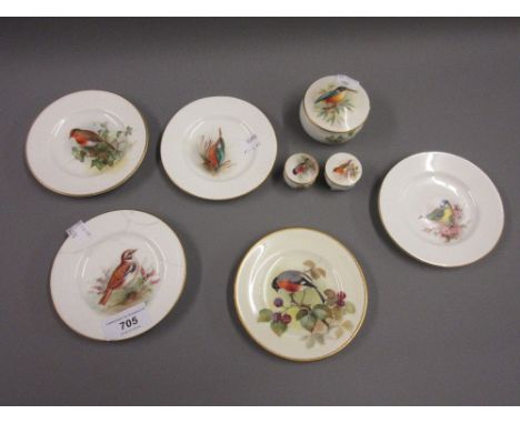 Set of five Royal Worcester 4.5in plates painted with various birds (one at fault), together with a group of three pots and c