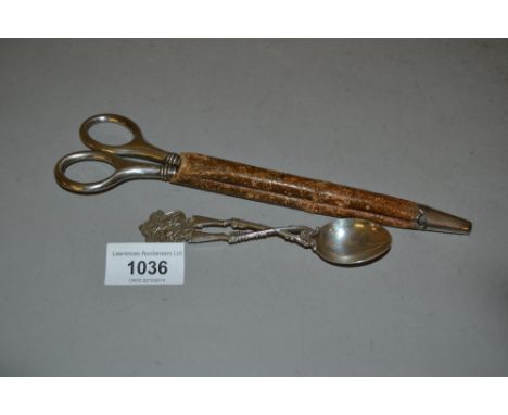 Pair of Birmingham silver mounted steel housekeepers scissors, in leather case with silver mount and a silver spoon with cros