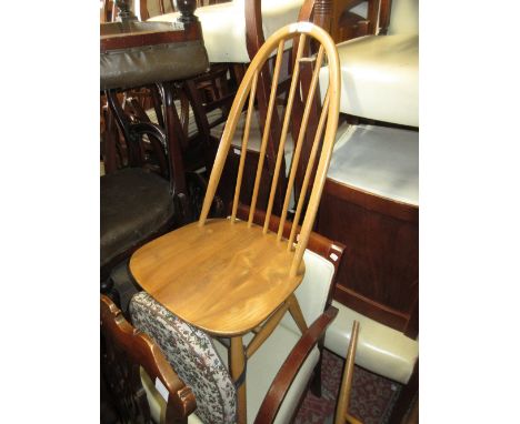 Pair of Ercol pale beech and ash stick back dining chairs (one at fault) 