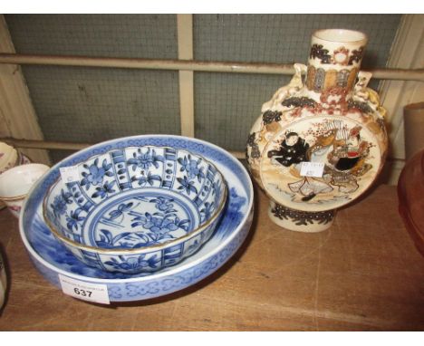 20th Century Japanese blue and white pedestal bowl, 8.5ins diameter, similar smaller bowl and a Satsuma moon flask decorated 