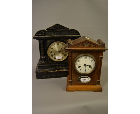 Ansonia walnut cased mantel clock, together with an ebonised two train mantel clock 
