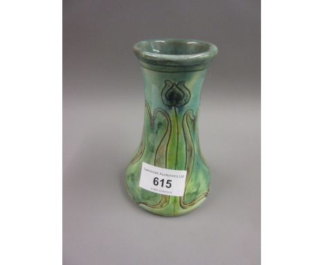 Della-Robbia, small Arts and Crafts waisted vase with incised stylised floral decoration, incised marks to the base, 4.75ins 