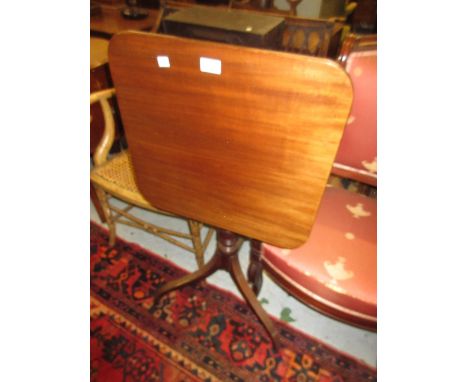 19th Century mahogany tilt top table on ring turned column with reeded supports, 19.5ins square 