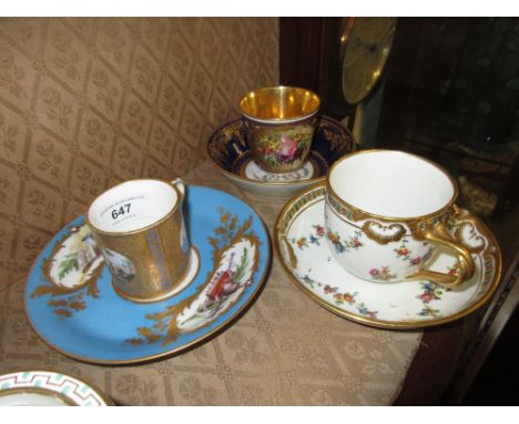 Sevres coffee can painted with a sheep and monochrome vignettes, a Vienna floral decorated and gilded cabinet cup and saucer,