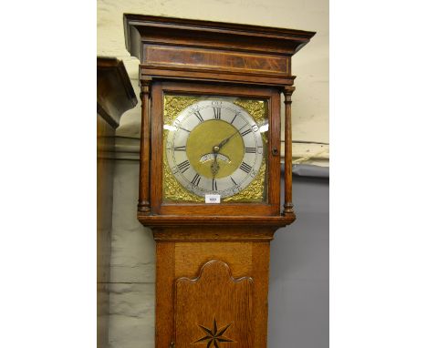 18th Century oak longcase clock, the square hood with flanking pilasters above a star inlaid shaped moulded panelled door and