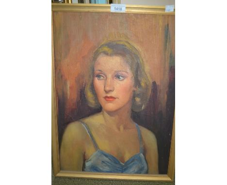 20th Century oil on board, head and shoulder portrait, study of a lady wearing a blue dress, 14ins x 19ins 
