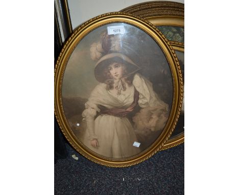 Set of six oval gilt framed coloured prints after George Morland, together with a pair of similar portrait prints 