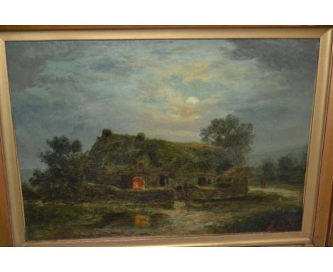 R. Stubbs, signed oil on canvas, figures by a moonlit cottage, dated 1872, 10ins x 14ins 