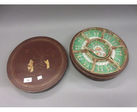 Chinese Republic period Canton hors d'oeuvres set in a circular lacquer box, inscribed Wihg Hang, Made in ChinaMinor chip to 
