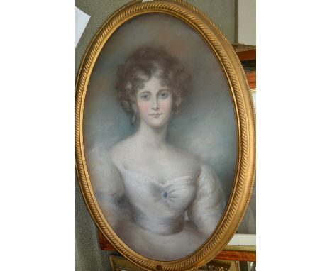 19th Century pastel portrait of a young lady wearing a white dress with pale blue sash, 34ins x 22ins, oval gilt framed 