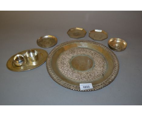 Oriental white metal circular dish, five various sterling and other trinket dishes inset with coins etc together with two sil