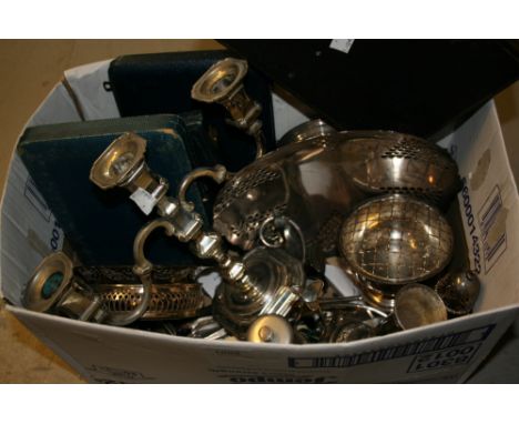 Silver mounted perfume bottle, silver bladed butter knife, plated bread fork and other miscellaneous spoons, forks and knives