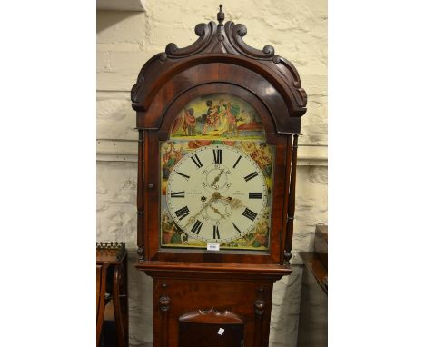 19th Century Scottish mahogany longcase clock, the broken arch hood with a carved surmont and flanking pilasters above an arc