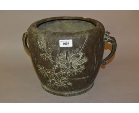 Japanese brown patinated bronze two handled jardiniere relief moulded with chrysanthemum 