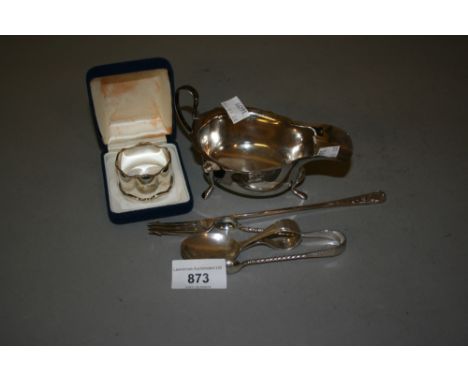 Silver cream jug, silver napkin ring, babies spoon, sugar tongs and pickle fork 