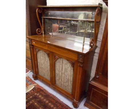 19th Century rosewood chiffonier, the mirrored shelf back with a gilt brass gallery above a single drawer and two grilled doo