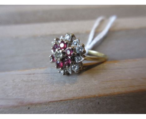 18ct Yellow gold ruby and diamond flower head cluster ringfull hallmark, size O 