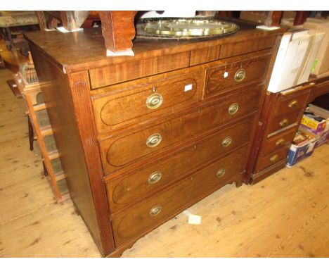 19th Century oak line inlaid chest of two short over three long graduated drawers with oval brass handles raised on bracket f