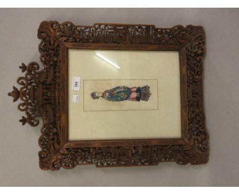 Good quality 19th Century Chinese hardwood frame carved with figures in pagodas and figures on terraces enclosing a Chinese w