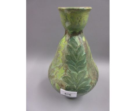 Della-Robbia, Arts and Crafts baluster form vase with narrow neck, painted stylised floral decoration and painted marks to th