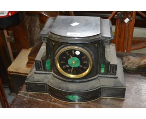 19th Century black slate and malachite inlaid mantel clock the black dial with gilt Roman numerals, signed Achille Brocot, th