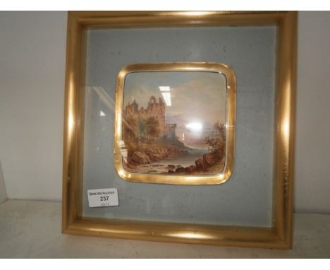vintage hand painted trinket tray in frame - repaired