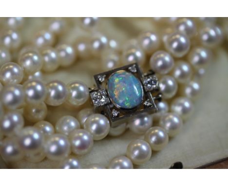 Cultured pearl double string necklace with 18ct white gold diamond set 0.45 (approx) and opal clasp
