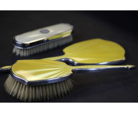 George V silver &amp; yellow enamel dressing table two-piece set, Birmingham 1932 plus a brush