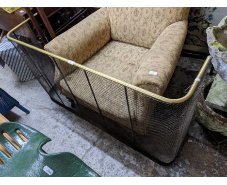A mixed lot of items to include a brass and wire nursery fire guard/fender, a mahogany framed and tapestry fire screen, a mah