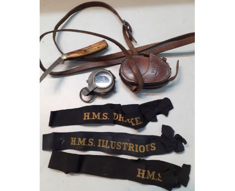 Three naval tallies to include HMS Illustrious and HMS Victory together with a WWI military compass in leather case, a knife 