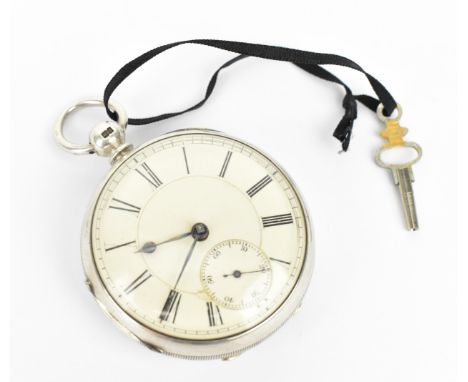 A late 19th silver open faced pocket watch having a white enamel dial, signed, with blued hands, Roman numerals and subsidiar