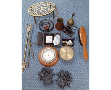 A mixed lot to include a framed miniature portrait of a young lady, a vintage cased razor, two barometers to include Negretti